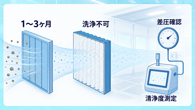 クリーンブースにおける主なメンテナンス項目とフィルター交換時期の目安